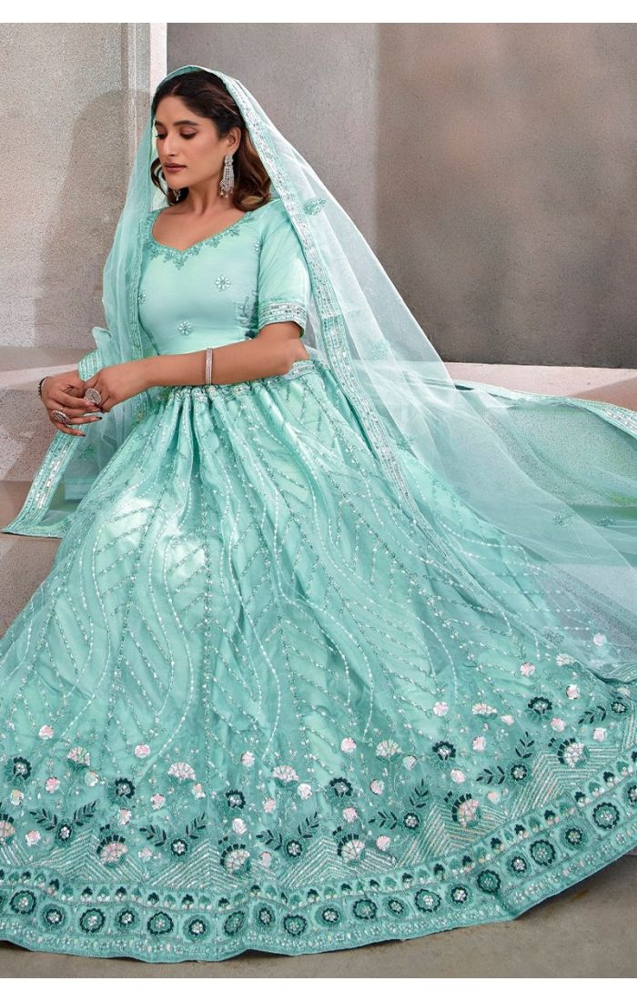 Aqua Elegance Net Embroidered Lehenga Choli – Wedding & Festive Wear