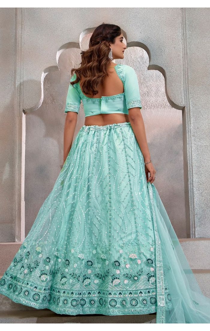 Aqua Elegance Net Embroidered Lehenga Choli – Wedding & Festive Wear