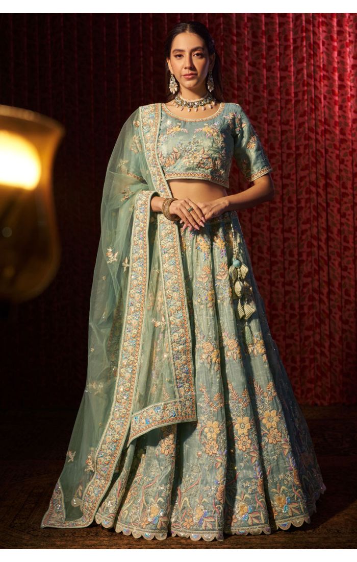 Shop Aqua Embroidered Net Lehenga Choli with Dupatta - Wedding Wear in UK and USA