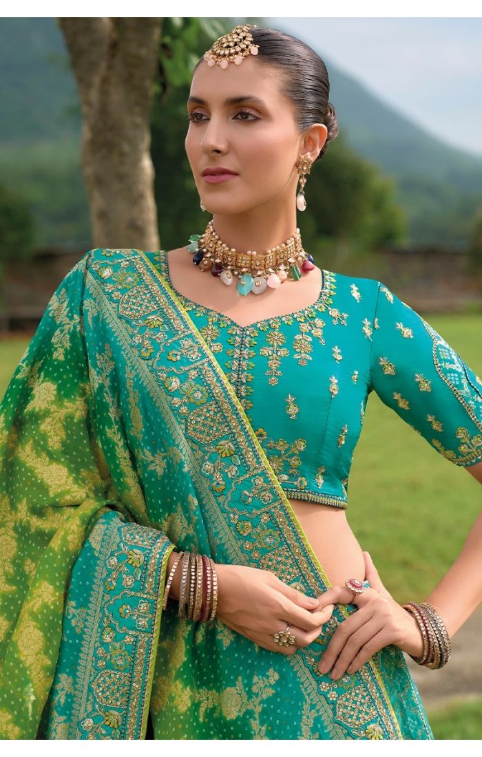 Aqua Gold Banarasi Lehenga – Traditional Bridal & Festive Wear