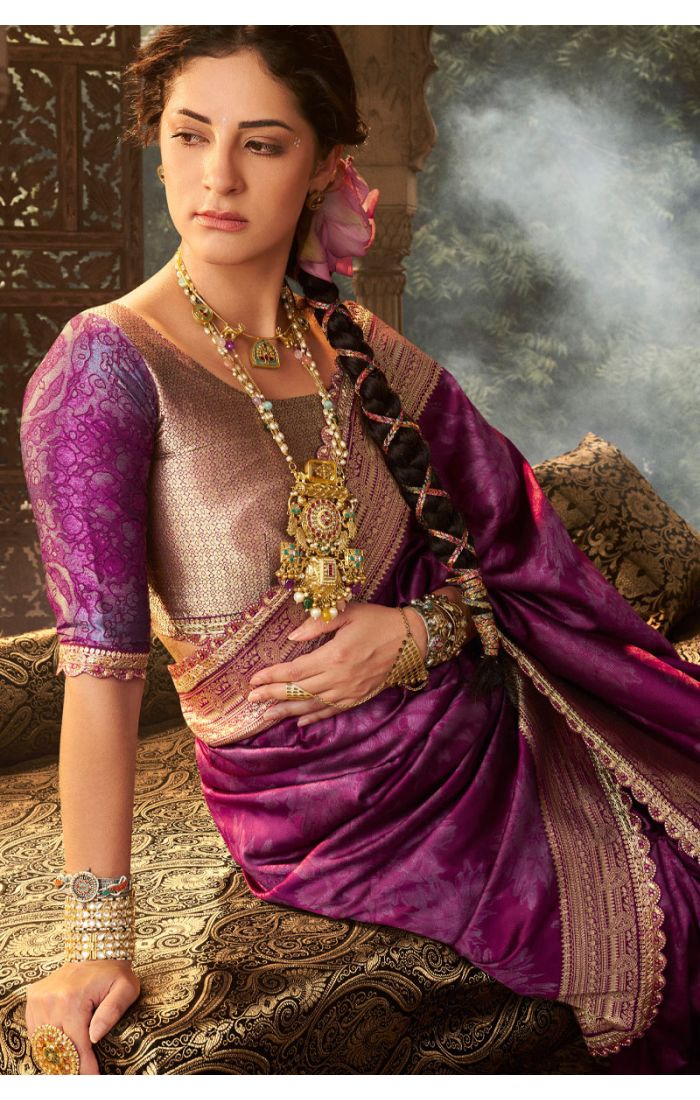 Close-up of lavender georgette saree with all-over sequin embroidery and matching blouse — SREV4035