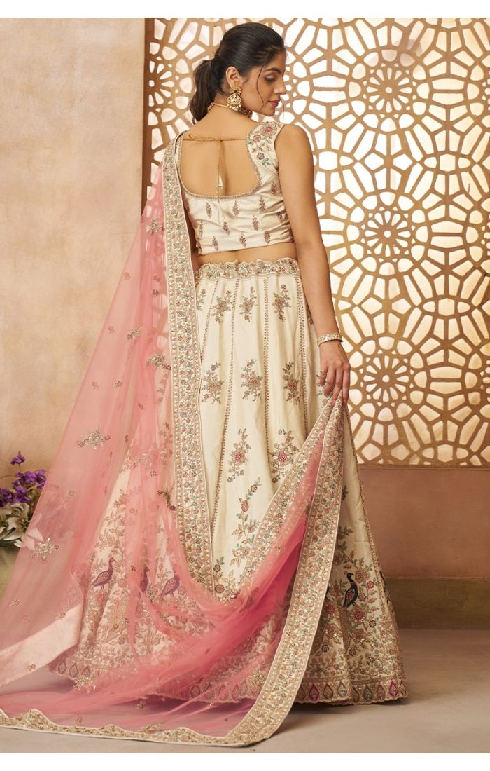  “Back View of Semi-Stitched Beige Lehenga with Thread & Sequin Work – Appelle Fashion”