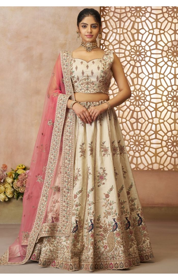 “Beige Zari Silk Lehenga Choli Front View with Pink Dupatta – Appelle Fashion”