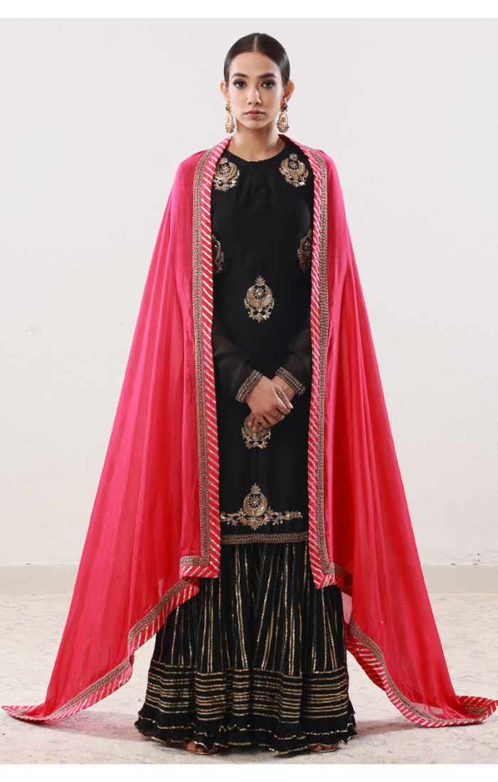 Elegant Black Chanderi Chand Buta Sharara Suit with Golden Embroidery – Wedding and Festive Wear