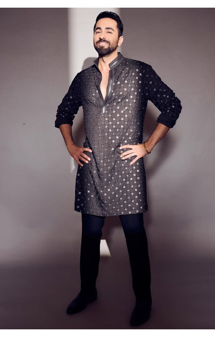 Premium black embroidered designer kurta pajama for weddings and festive celebrations.