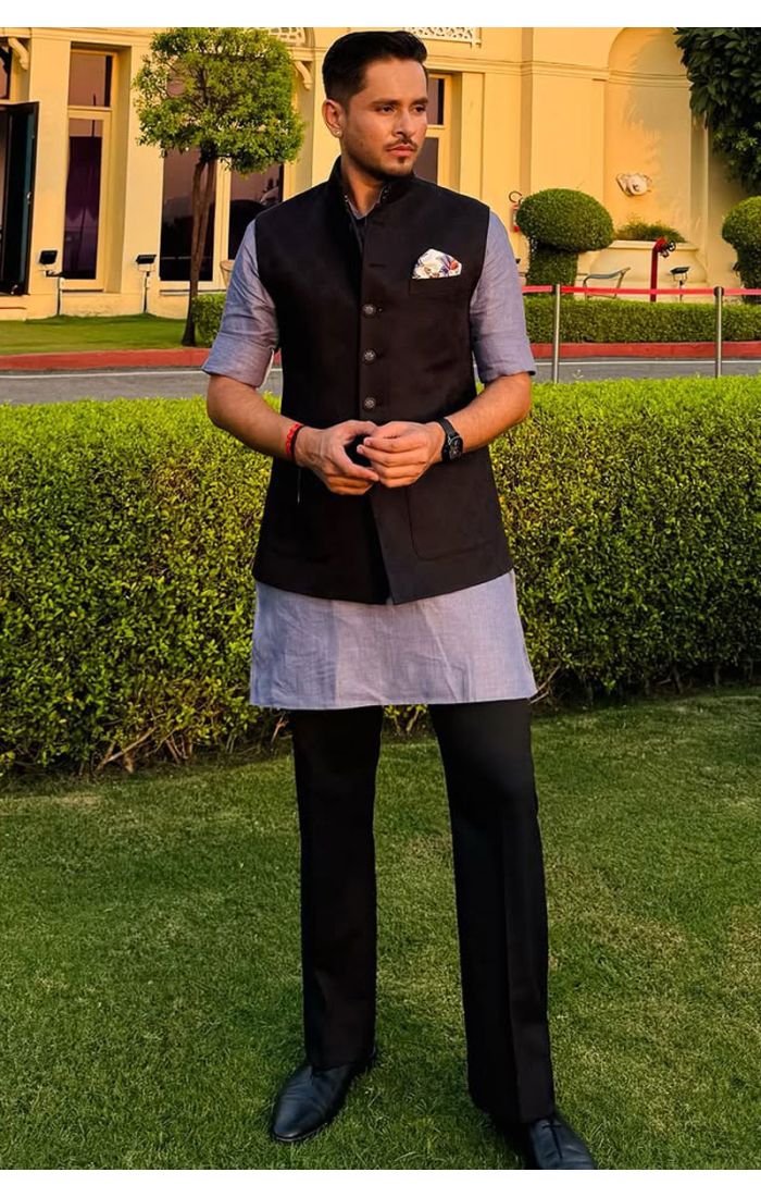 Elegant Black & Grey Kurta Payjama with Nehru Jacket for Men - Festive & Wedding Wear