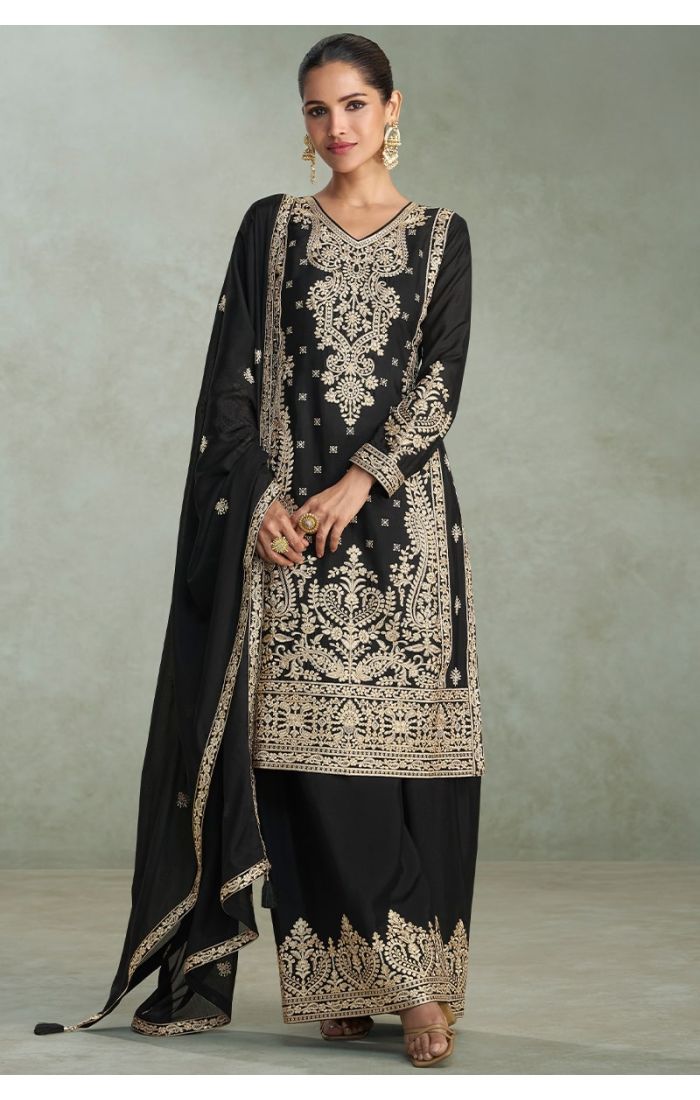 Black Premium Chinon Silk Salwar Kameez with Zari Embroidery – Front View