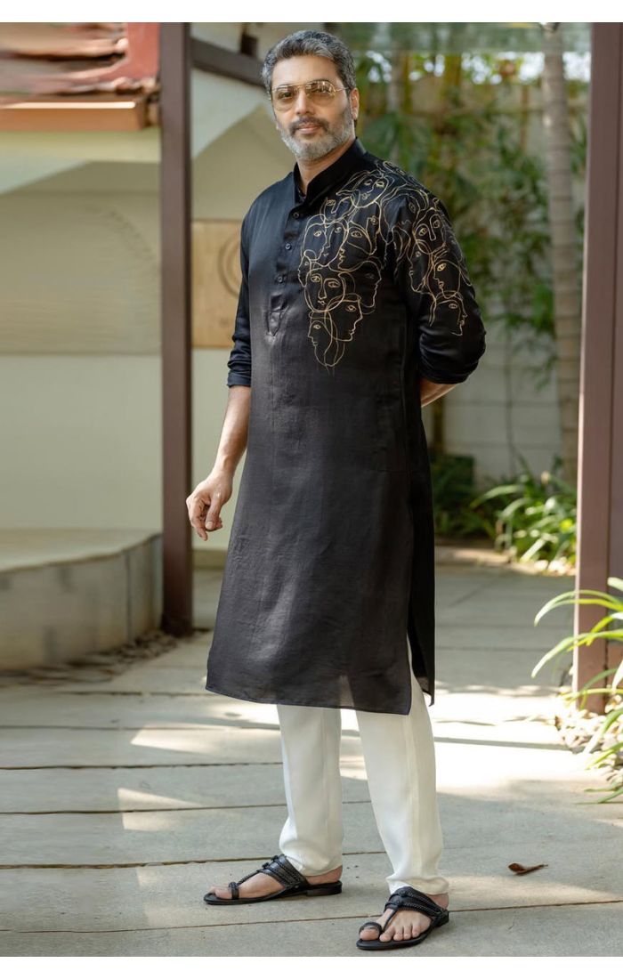 Men’s Black Embroidered Silk Kurta – Wedding & Festive Wear