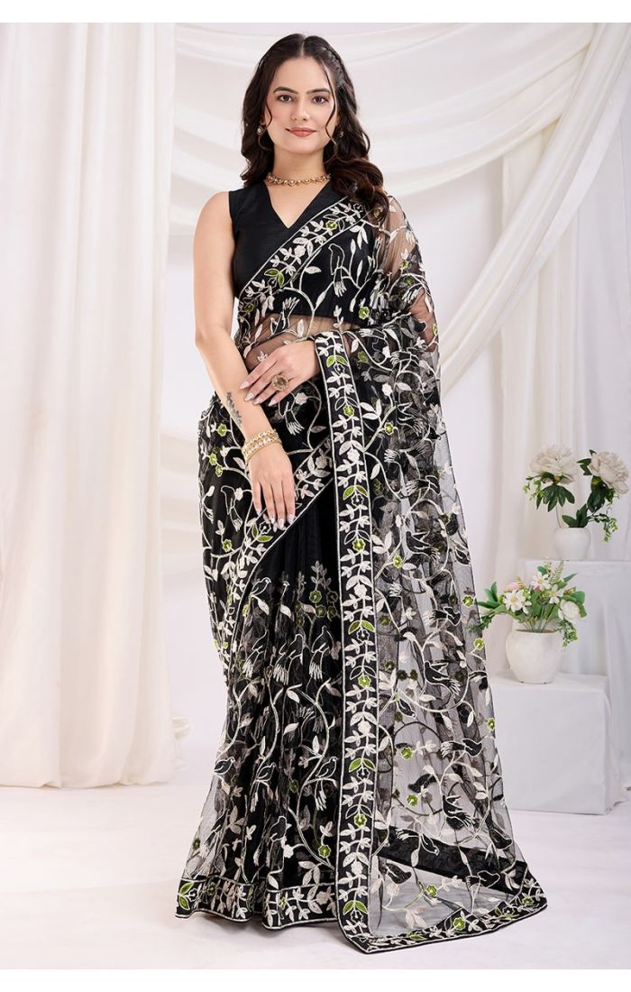 Black Soft Net Embroidered Saree with Sleeveless Mono Bangalori Silk Blouse – Party & Festive Wear