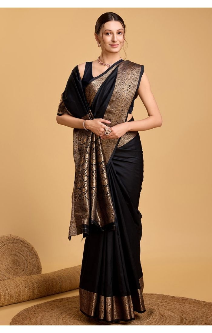 Elegant Black Soft Silk Saree with Zari Border for Wedding & Festive Wear