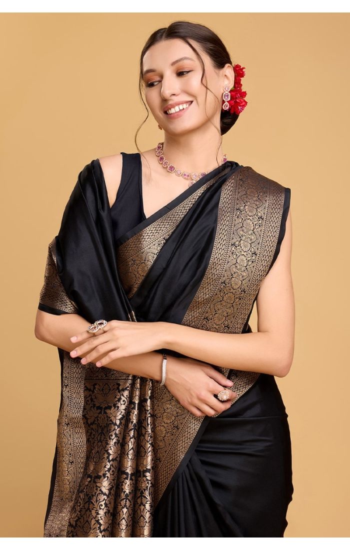 Elegant Black Soft Silk Saree with Zari Border for Wedding & Festive Wear