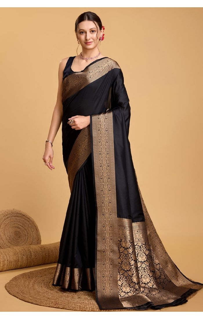 Elegant Black Soft Silk Saree with Zari Border for Wedding & Festive Wear