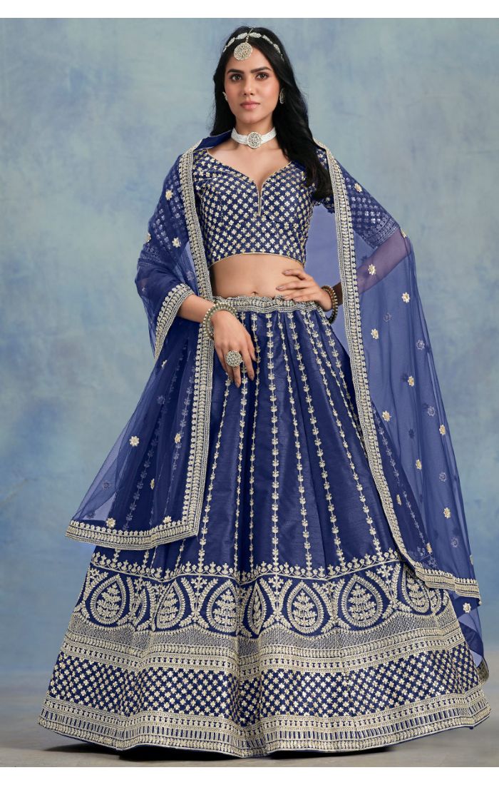 Front view of Blue Embroidered Art Silk Lehenga Choli with Net Dupatta