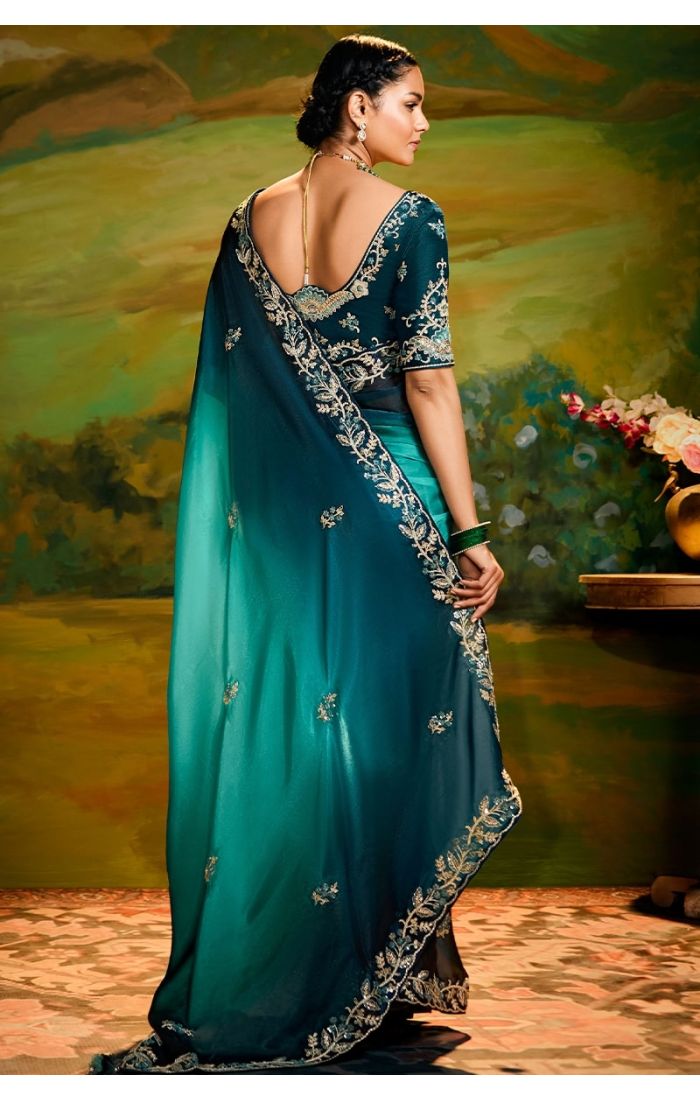 Back view highlighting pallu and intricate stone work
