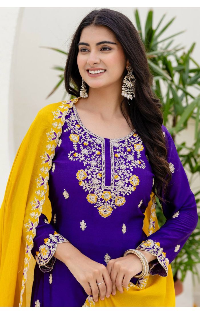 Purple rayon embroidered sharara suit with mustard yellow dupatta and round neck design – SALV5786