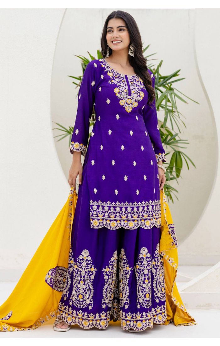 Purple rayon embroidered sharara suit with mustard yellow dupatta and round neck design – SALV5786