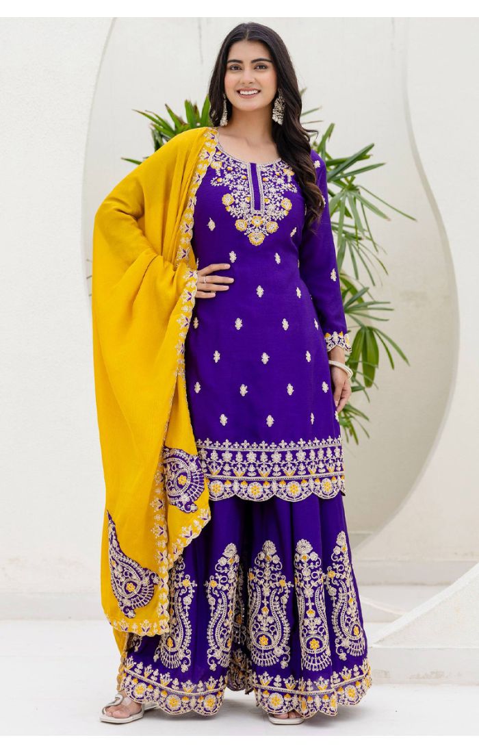 Purple rayon embroidered sharara suit with mustard yellow dupatta and round neck design – SALV5786