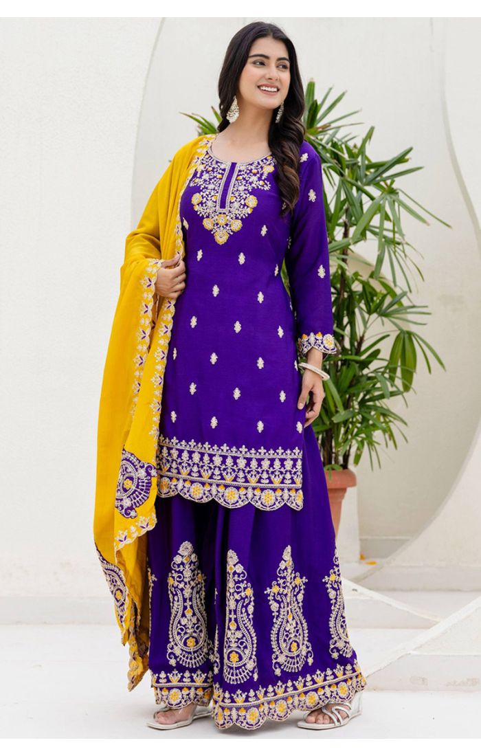 Purple rayon embroidered sharara suit with mustard yellow dupatta and round neck design – SALV5786