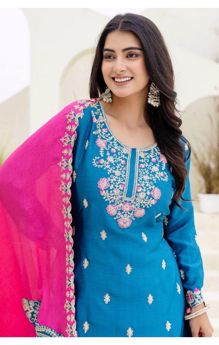 Blue Rayon Embroidered Sharara Suit with Pink Dupatta – SALV5787