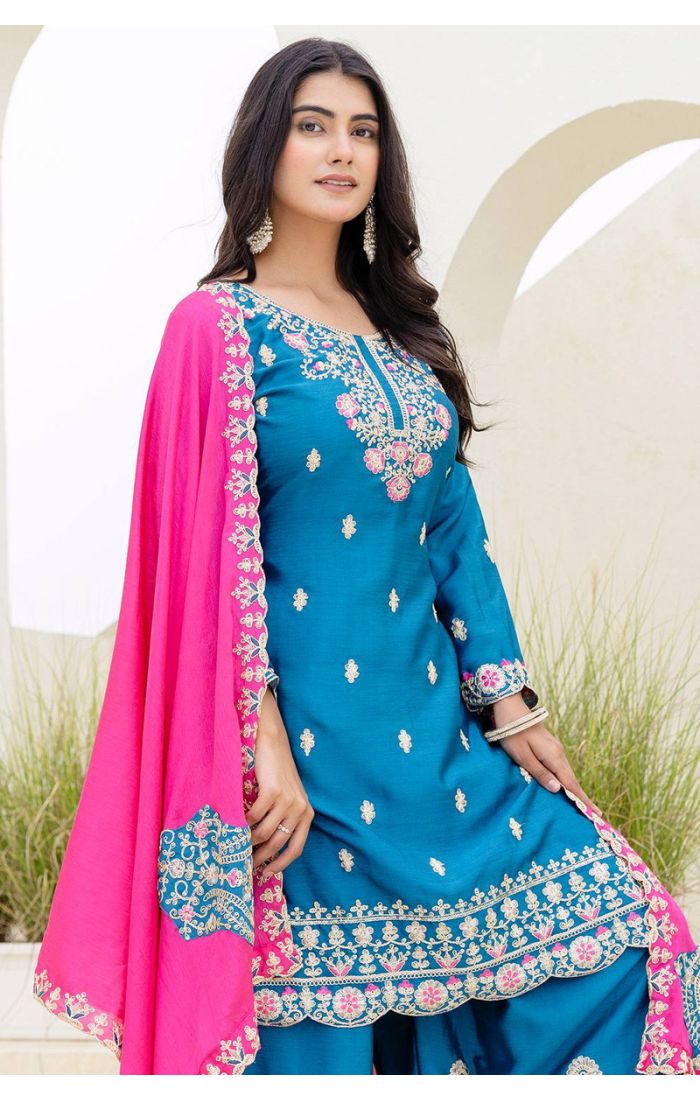 Blue Rayon Embroidered Sharara Suit with Pink Dupatta – SALV5787