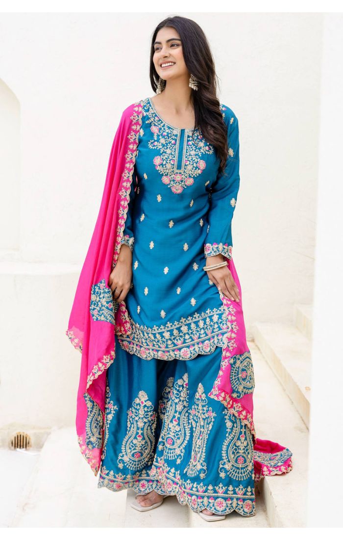 Blue Rayon Embroidered Sharara Suit with Pink Dupatta – SALV5787