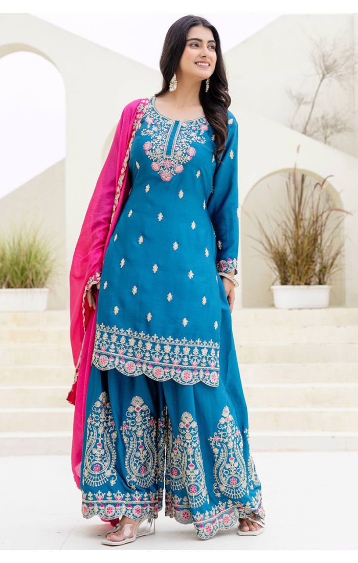 Blue Rayon Embroidered Sharara Suit with Pink Dupatta – SALV5787
