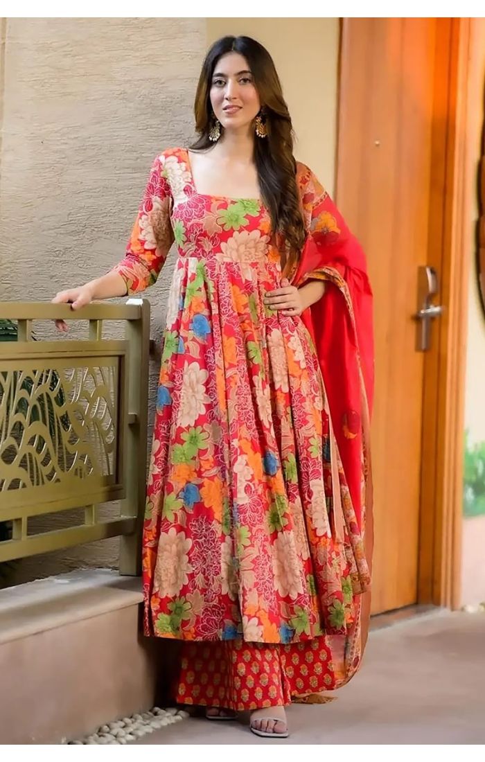 Pink floral Anarkali kurta set with organza dupatta, perfect for weddings and festivals