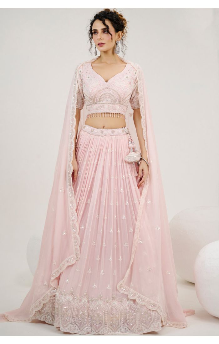 Shop Blush Pink Embroidered Bridal Lehenga with Sequins and Tassels in Australia Online - LEHV3887