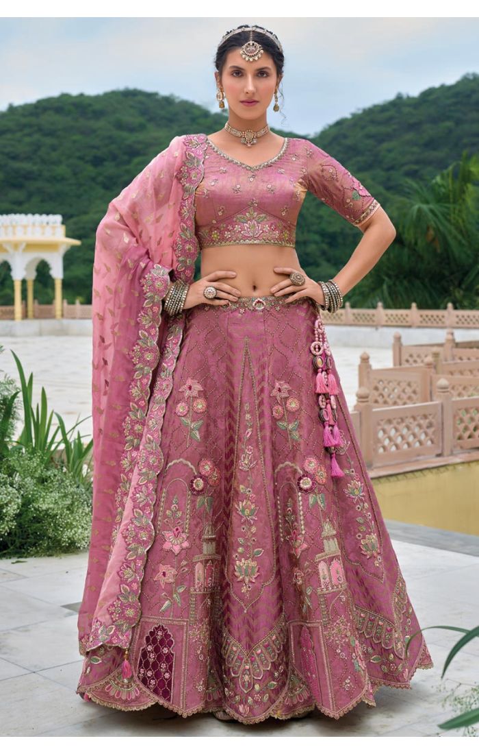 Blush Pink Embroidered Lehenga Choli with Floral Motifs, Perfect for Weddings and Elegant Occasions, Featuring Intricate Embroidery and Traditional Design.