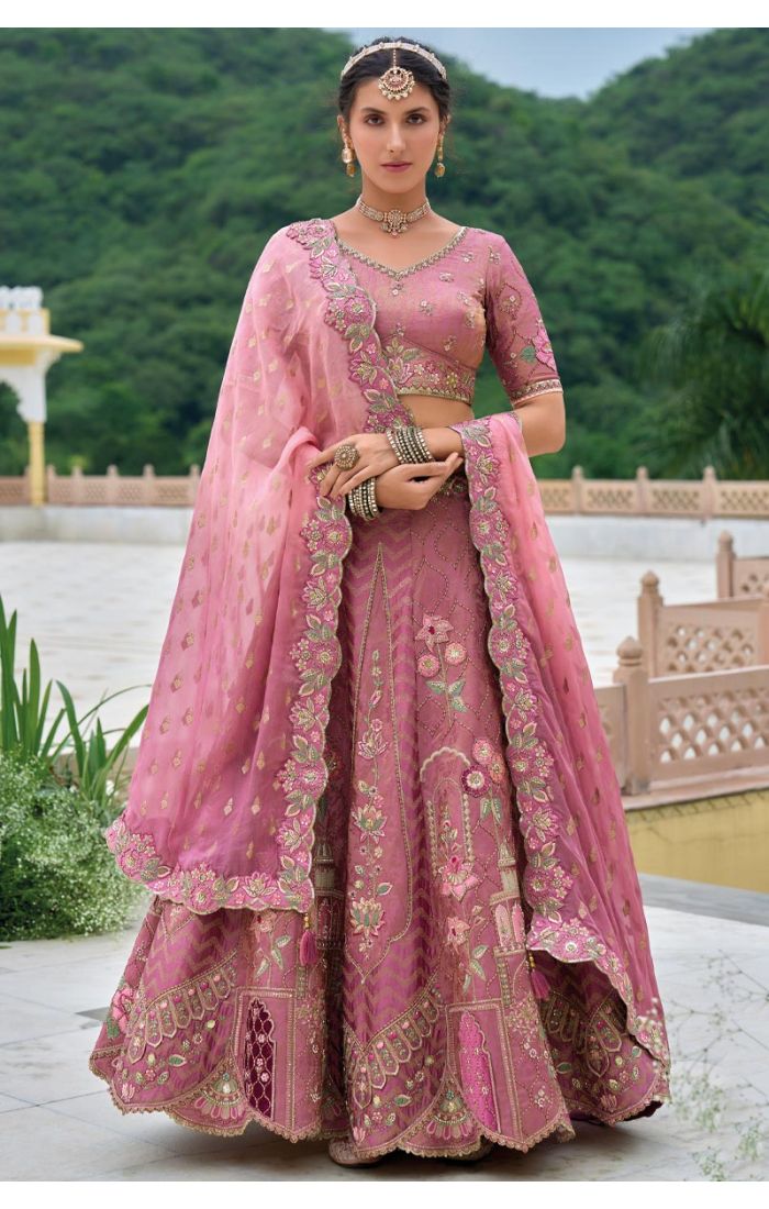Blush Pink Embroidered Lehenga Choli with Floral Motifs, Perfect for Weddings and Elegant Occasions, Featuring Intricate Embroidery and Traditional Design.