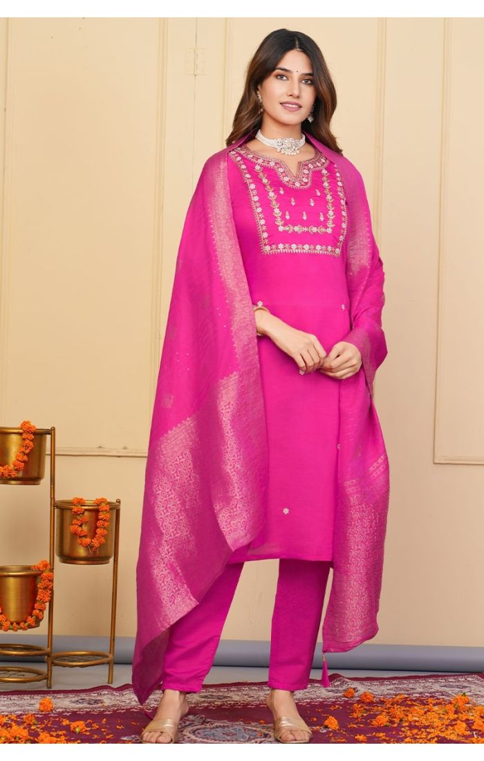 Blush Pink Hand-Embroidered Silk Kurta Set for Women – Wedding & Festive Wear