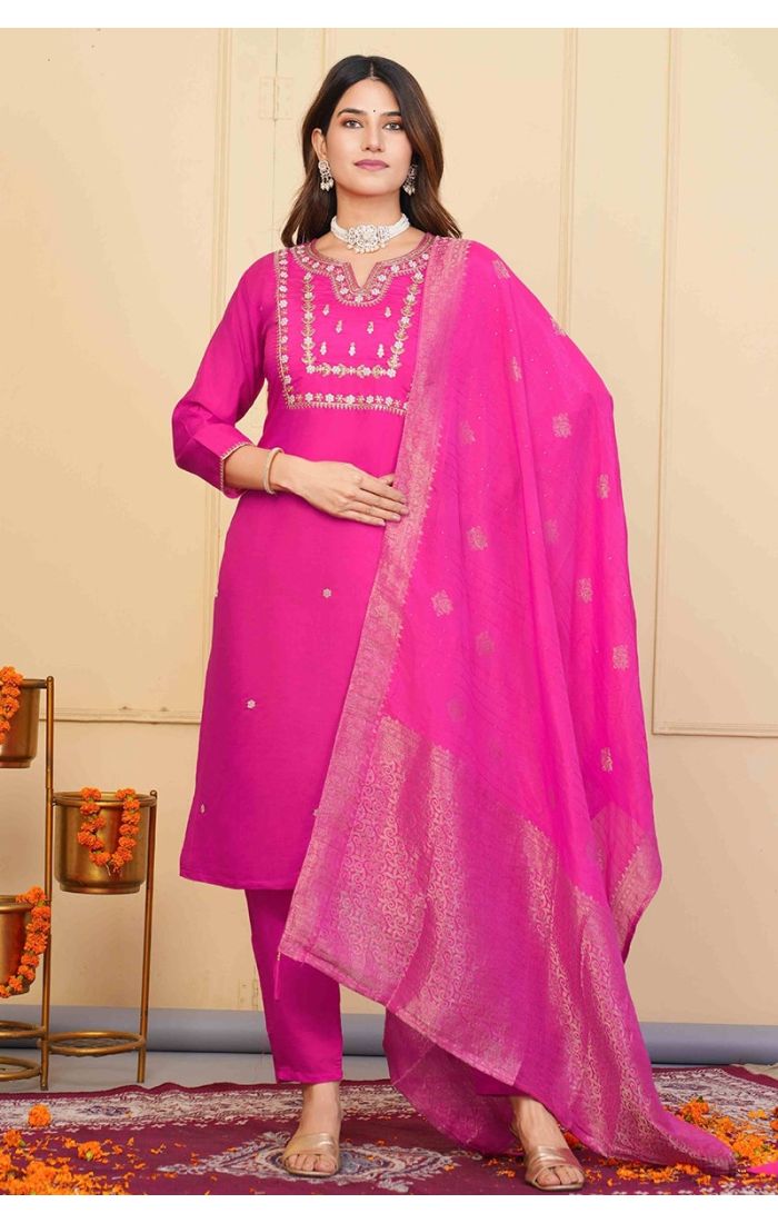 Blush Pink Hand-Embroidered Silk Kurta Set for Women – Wedding & Festive Wear