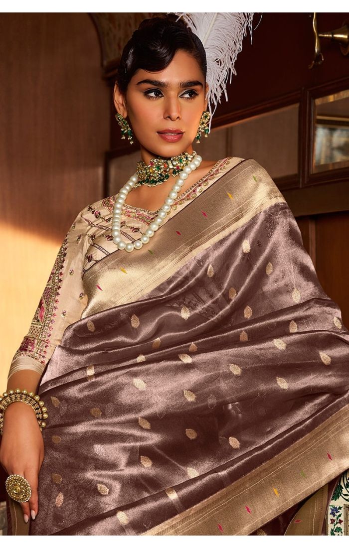 Close-up of weaving print and stone work on brown tissue silk saree