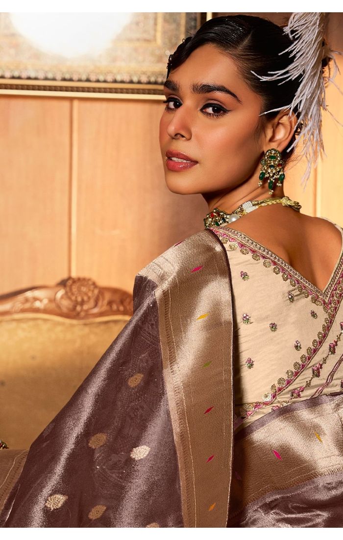 Pure silk blouse in brown with intricate resham embroidery