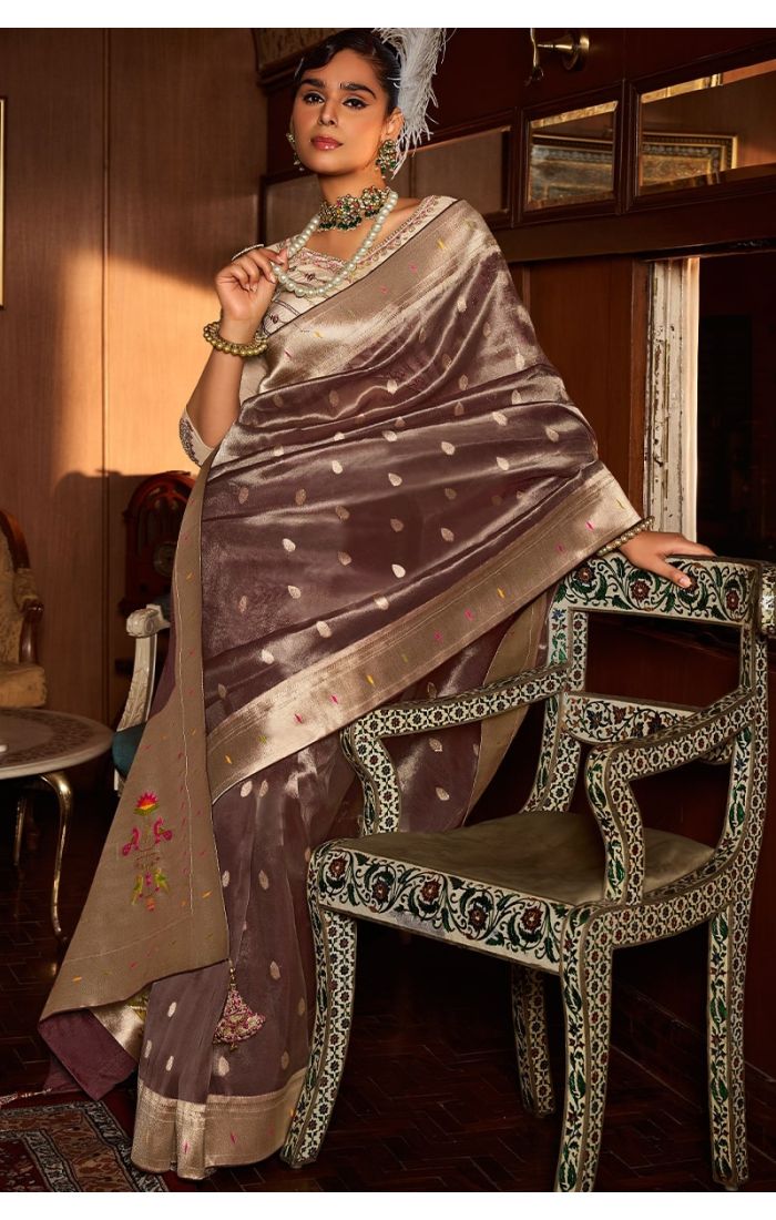 Brown Paithani silk saree with zari and embroidery – full look