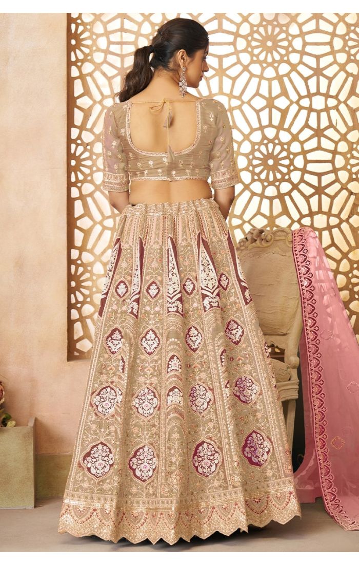 Back view of champagne bridal lehenga with Banarasi motifs and tie-up blouse design