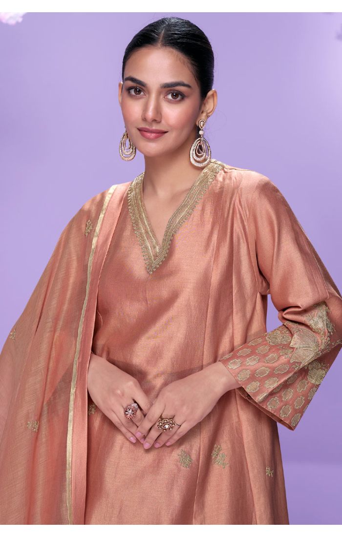 Close-up of Copper Silk Palazzo Pant Suit embroidery and neckline