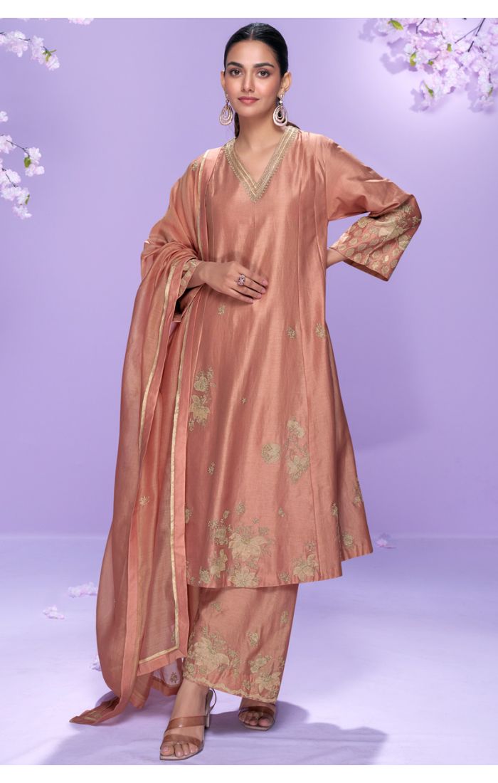 Copper Silk Palazzo Pant Suit with V-neck and dupatta – front view
