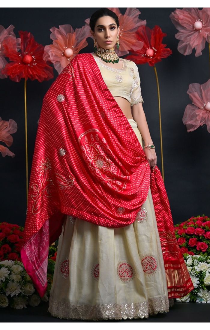Buy Viscose Tissue Cream-Red Zardosi Embroidered Lehenga Choli online - Appelle Fashion | LEHV4033