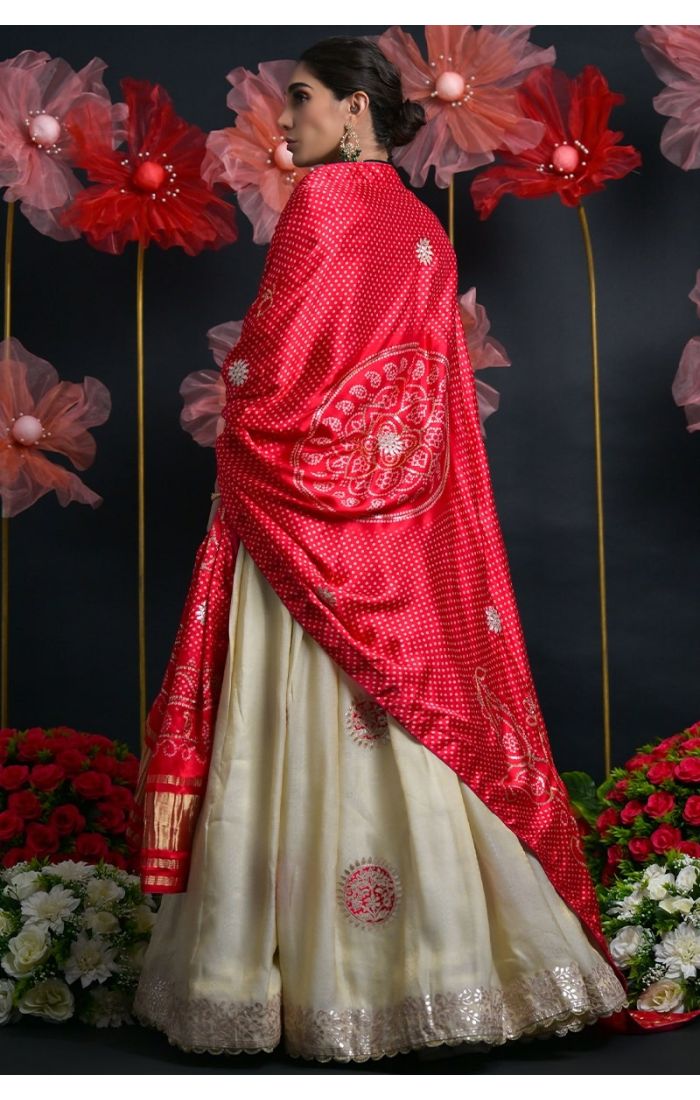 Buy Viscose Tissue Cream-Red Zardosi Embroidered Lehenga Choli online - Appelle Fashion | LEHV4033