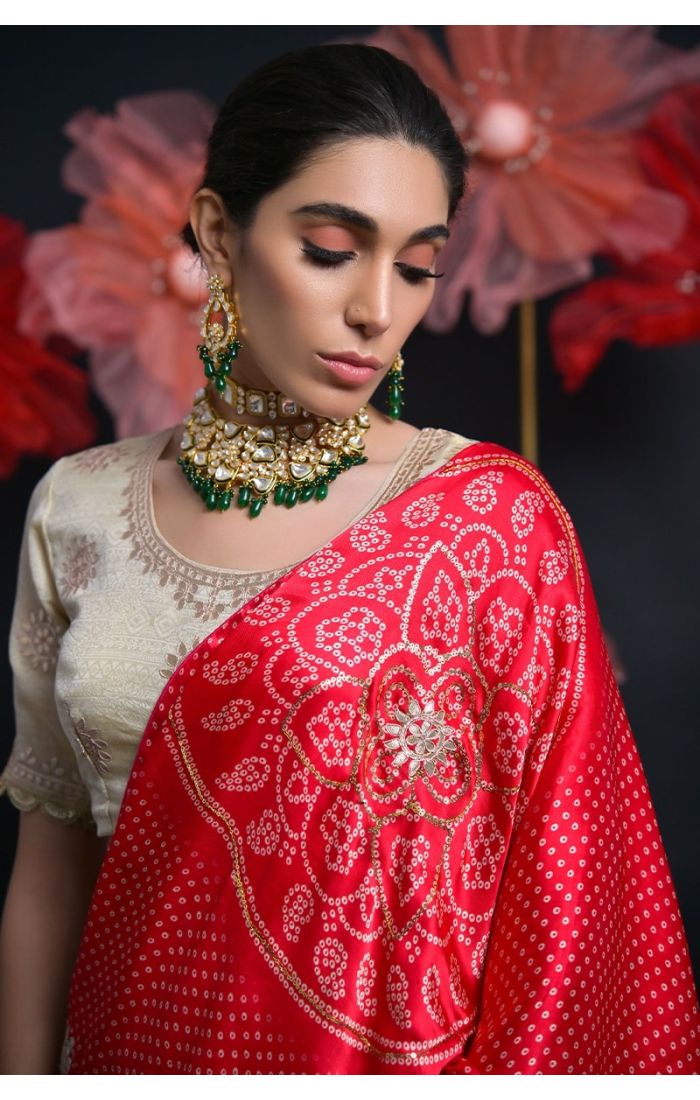 Buy Viscose Tissue Cream-Red Zardosi Embroidered Lehenga Choli online - Appelle Fashion | LEHV4033