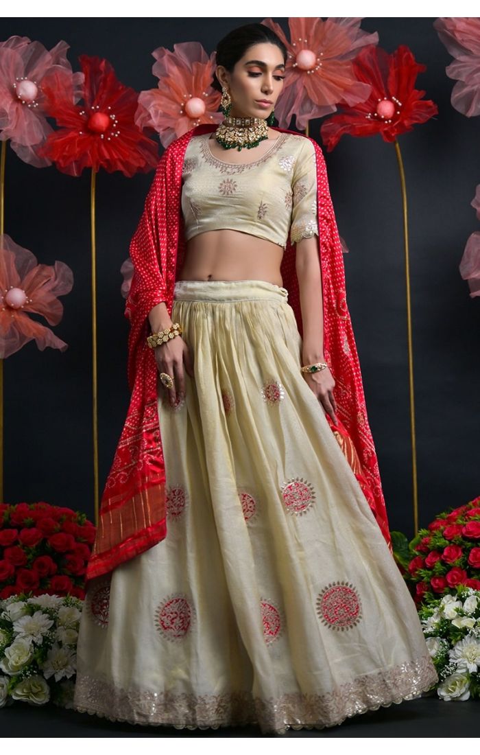 Buy Viscose Tissue Cream-Red Zardosi Embroidered Lehenga Choli online - Appelle Fashion | LEHV4033