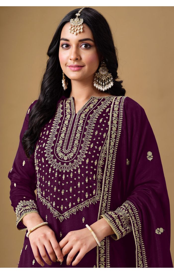 Close-up of neckline and sleeve work on Dark Purple Sharara Suit - SALV5731