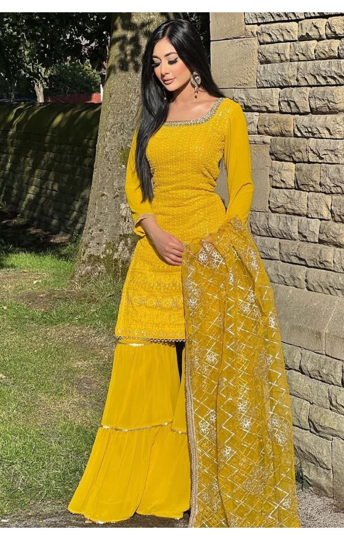 Mustard Yellow Embroidered Sharara Set with Dupatta