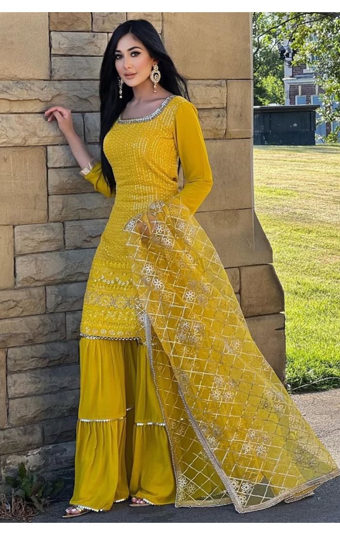 Mustard Yellow Embroidered Sharara Set with Dupatta