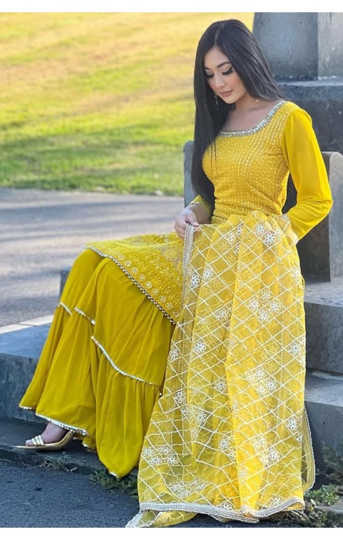 Mustard Yellow Embroidered Sharara Set with Dupatta