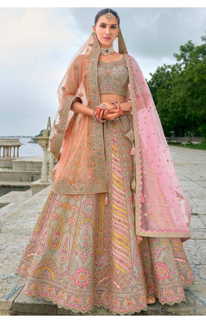 Designer Beige Bridal Lehenga with Pastel Embroidery and Zardosi Work for Weddings