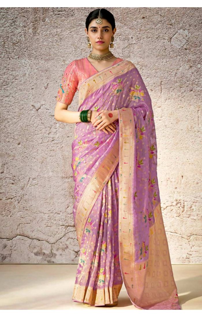 Designer Lavender Banarasi Silk Saree with Pink Embroidered Blouse - Ideal for Weddings and Festive Occasions