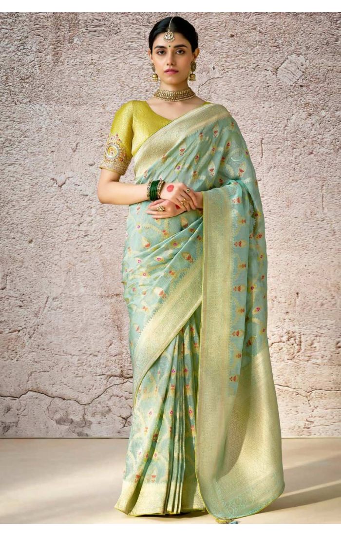 Designer Mint Green Banarasi Silk Saree with Yellow Embroidered Blouse - Perfect for Weddings and Festive Celebrations