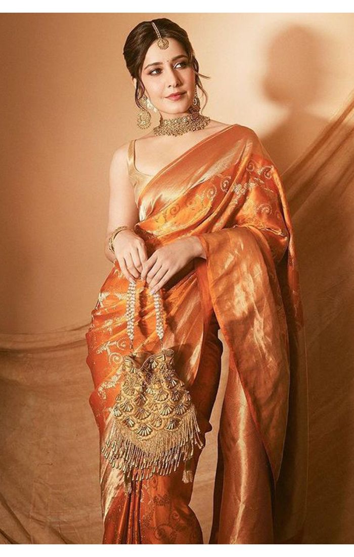 Designer Orange Banarasi Silk Saree with Golden Blouse - SREA2280